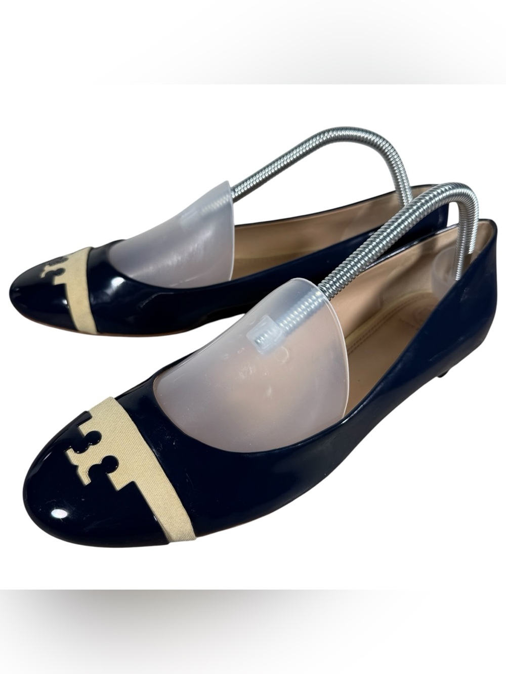 Tory Burch Gabrielle Patent Leather Logo Flats Navy & Beige 9 M
